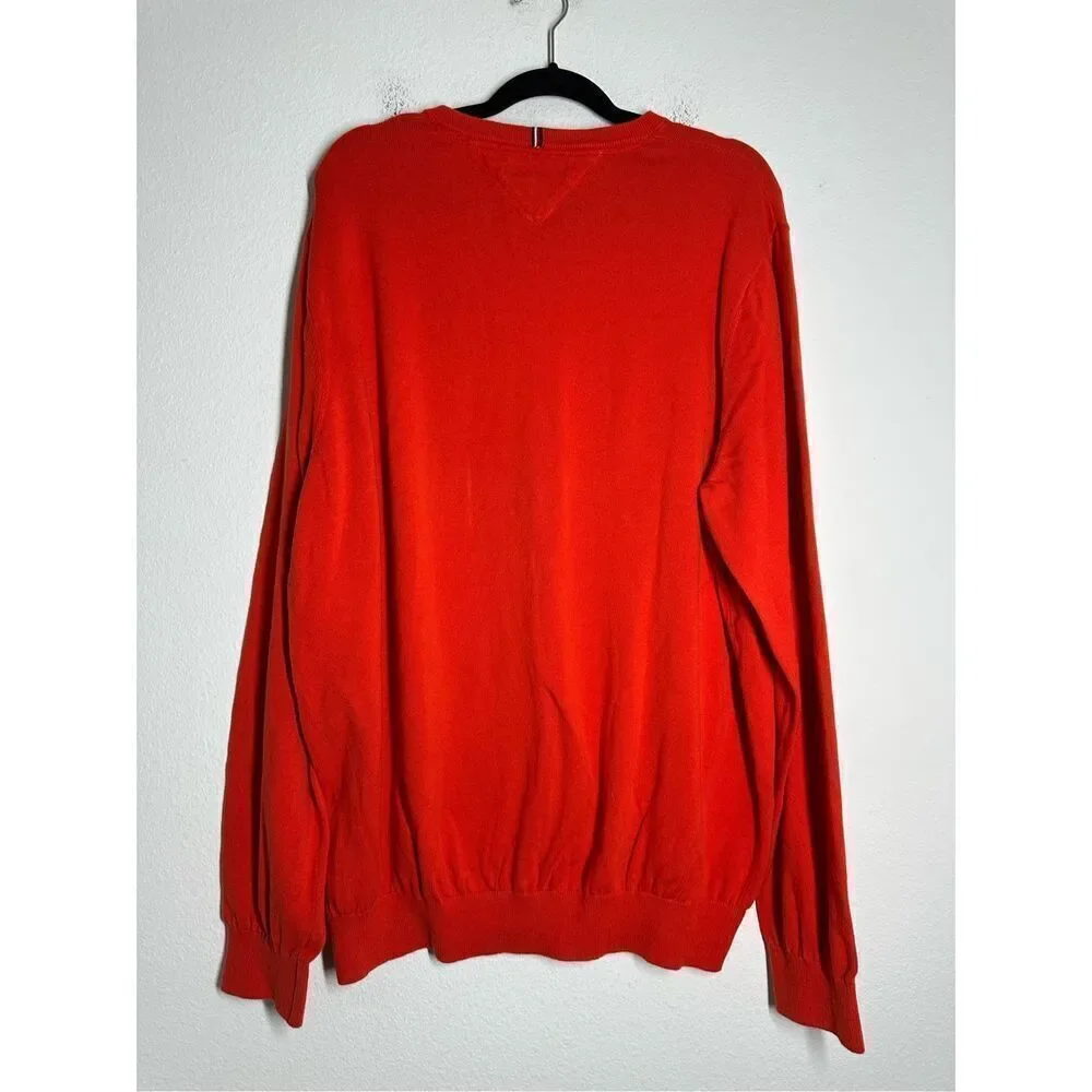 Tommy Hilfiger Sweater Mens XXL Orange Cotton V Neck Knit Long Sleeve Pullover